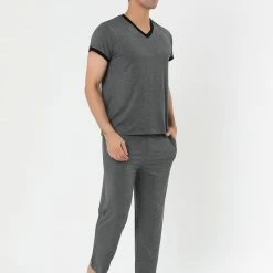 Allegra K Men's Sleepwear Set V-Neck Short Sleeve And Bottoms Lounge Pajama Set Suit