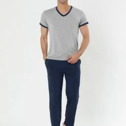 Allegra K Men's Sleepwear Set V-Neck Short Sleeve And Bottoms Lounge Pajama Set Suit