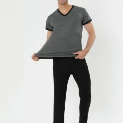 Allegra K Men's Sleepwear Set V-Neck Short Sleeve And Bottoms Lounge Pajama Set Suit