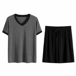 Allegra K Men's Sleepwear Set V-Neck Short Sleeve And Shorts Lounge Pajama Set Suit