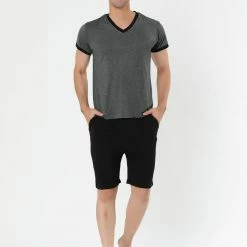 Allegra K Men's Sleepwear Set V-Neck Short Sleeve And Shorts Lounge Pajama Set Suit