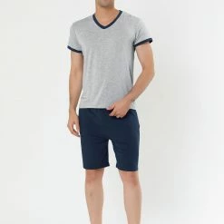 Allegra K Men's Sleepwear Set V-Neck Short Sleeve And Shorts Lounge Pajama Set Suit