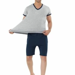 Allegra K Men's Sleepwear Set V-Neck Short Sleeve And Shorts Lounge Pajama Set Suit