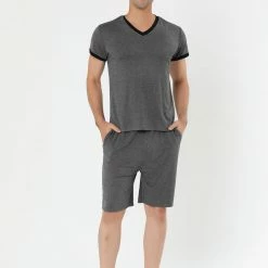 Allegra K Men's Sleepwear Set V-Neck Short Sleeve And Shorts Lounge Pajama Set Suit