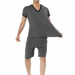 Allegra K Men's Sleepwear Set V-Neck Short Sleeve And Shorts Lounge Pajama Set Suit