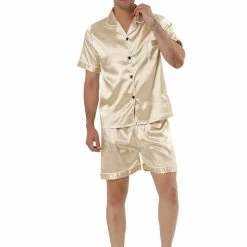 Allegra K Men's Nightwear Short Sleeve Top And Pants Summer Sleepwears Satin Pajama Sets