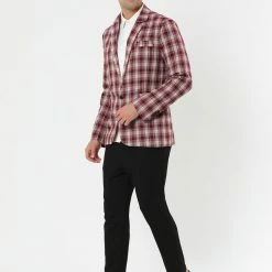 Allegra K Men's Dress Plaid Blazer One Button Slim Fit Checked Suit Sport Coat Jacket