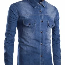 Allegra K Men's Casual Dress Jean Shirts Button Down Long Sleeve Denim Work Shirt
