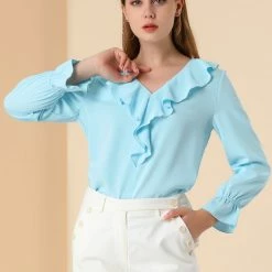 Allegra K Ruffle V Neck Bracelet Sleeve Vintage Peasant Chiffon Blouse Women