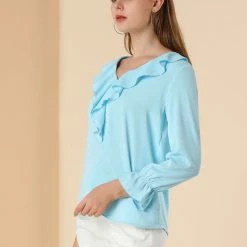Allegra K Ruffle V Neck Bracelet Sleeve Vintage Peasant Chiffon Blouse Women