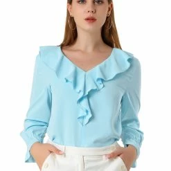 Allegra K Ruffle V Neck Bracelet Sleeve Vintage Peasant Chiffon Blouse Women
