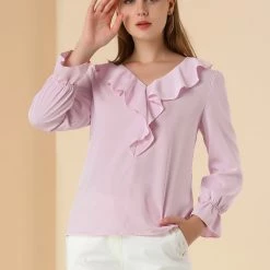 Allegra K Ruffle V Neck Bracelet Sleeve Vintage Peasant Chiffon Blouse Women
