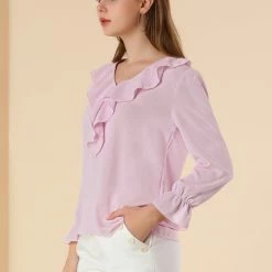 Allegra K Ruffle V Neck Bracelet Sleeve Vintage Peasant Chiffon Blouse Women