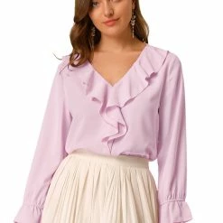 Allegra K Ruffle V Neck Bracelet Sleeve Vintage Peasant Chiffon Blouse Women