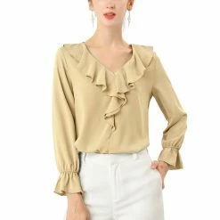 Allegra K Ruffle V Neck Bracelet Sleeve Vintage Peasant Chiffon Blouse Women