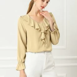 Allegra K Ruffle V Neck Bracelet Sleeve Vintage Peasant Chiffon Blouse Women