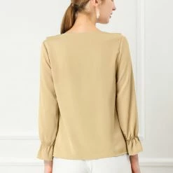 Allegra K Ruffle V Neck Bracelet Sleeve Vintage Peasant Chiffon Blouse Women