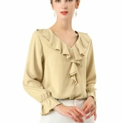 Allegra K Ruffle V Neck Bracelet Sleeve Vintage Peasant Chiffon Blouse Women