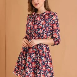 Allegra K Women's Ruffled Tie Neck 3/4 Puff Sleeve Flowy Mini Floral Dress