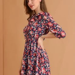 Allegra K Women's Ruffled Tie Neck 3/4 Puff Sleeve Flowy Mini Floral Dress