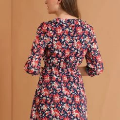 Allegra K Women's Ruffled Tie Neck 3/4 Puff Sleeve Flowy Mini Floral Dress