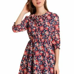 Allegra K Women's Ruffled Tie Neck 3/4 Puff Sleeve Flowy Mini Floral Dress