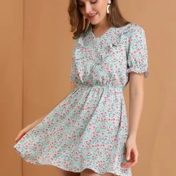 Allegra K Women's Ruffle Front V-Neck Short Puff Sleeve A-Line Mini Floral Dress