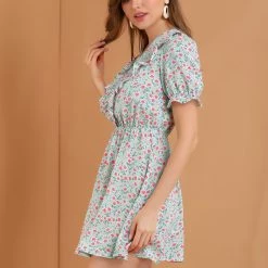 Allegra K Women's Ruffle Front V-Neck Short Puff Sleeve A-Line Mini Floral Dress