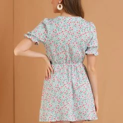 Allegra K Women's Ruffle Front V-Neck Short Puff Sleeve A-Line Mini Floral Dress