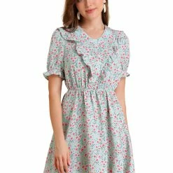 Allegra K Women's Ruffle Front V-Neck Short Puff Sleeve A-Line Mini Floral Dress