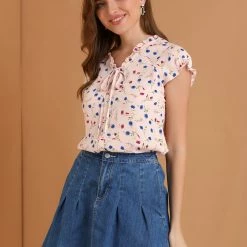 Allegra K Women's Floral Printed Ruffles Cap Sleeve Chiffon Blouse Top