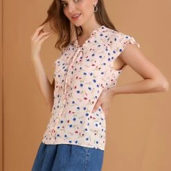 Allegra K Women's Floral Printed Ruffles Cap Sleeve Chiffon Blouse Top