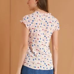 Allegra K Women's Floral Printed Ruffles Cap Sleeve Chiffon Blouse Top