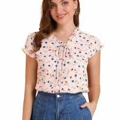 Allegra K Women's Floral Printed Ruffles Cap Sleeve Chiffon Blouse Top