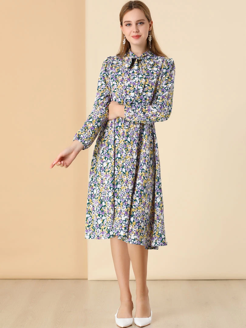 Allegra K Women's Tie Neck Chiffon Long Sleeves Vintage Floral Print Belted Dress 5 Allegra K Women's Tie Neck Chiffon Long Sleeves Vintage Floral Print Belted Dress