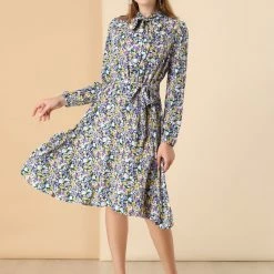 Allegra K Women's Tie Neck Chiffon Long Sleeves Vintage Floral Print Belted Dress 25 Allegra K Women's Tie Neck Chiffon Long Sleeves Vintage Floral Print Belted Dress