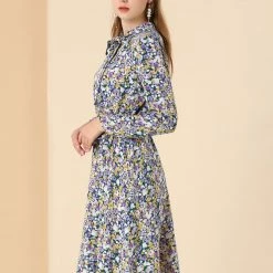 Allegra K Women's Tie Neck Chiffon Long Sleeves Vintage Floral Print Belted Dress 26 Allegra K Women's Tie Neck Chiffon Long Sleeves Vintage Floral Print Belted Dress
