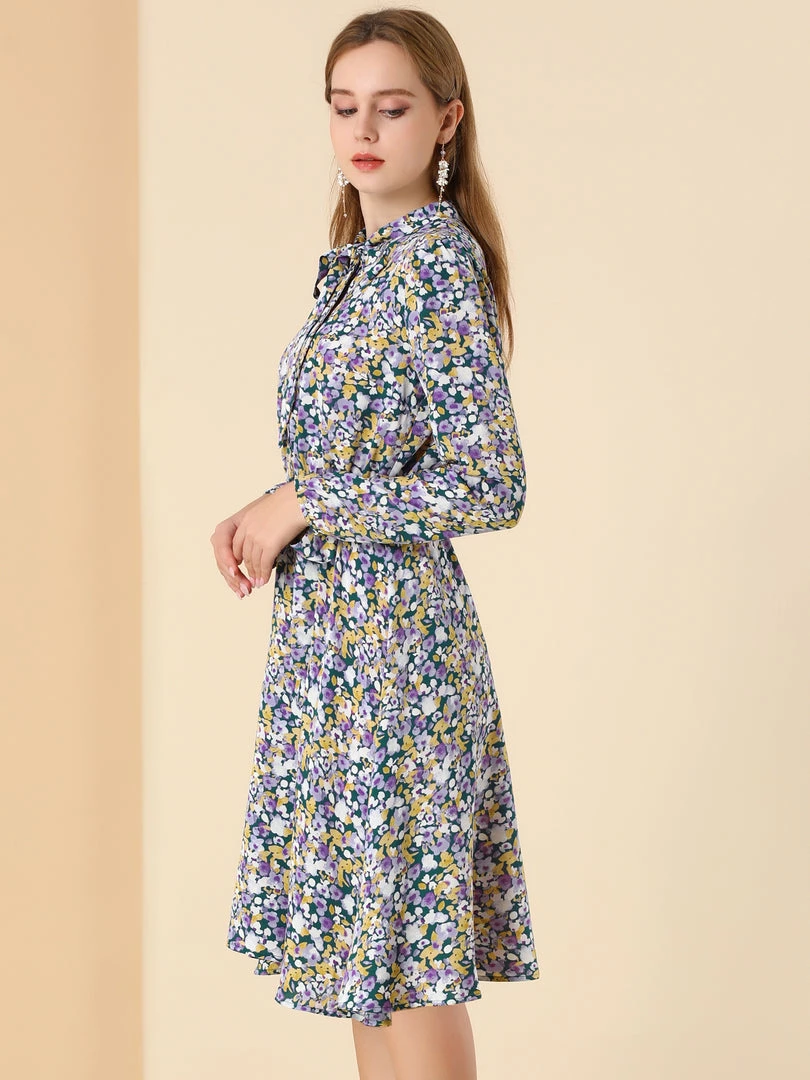 Allegra K Women's Tie Neck Chiffon Long Sleeves Vintage Floral Print Belted Dress 7 Allegra K Women's Tie Neck Chiffon Long Sleeves Vintage Floral Print Belted Dress