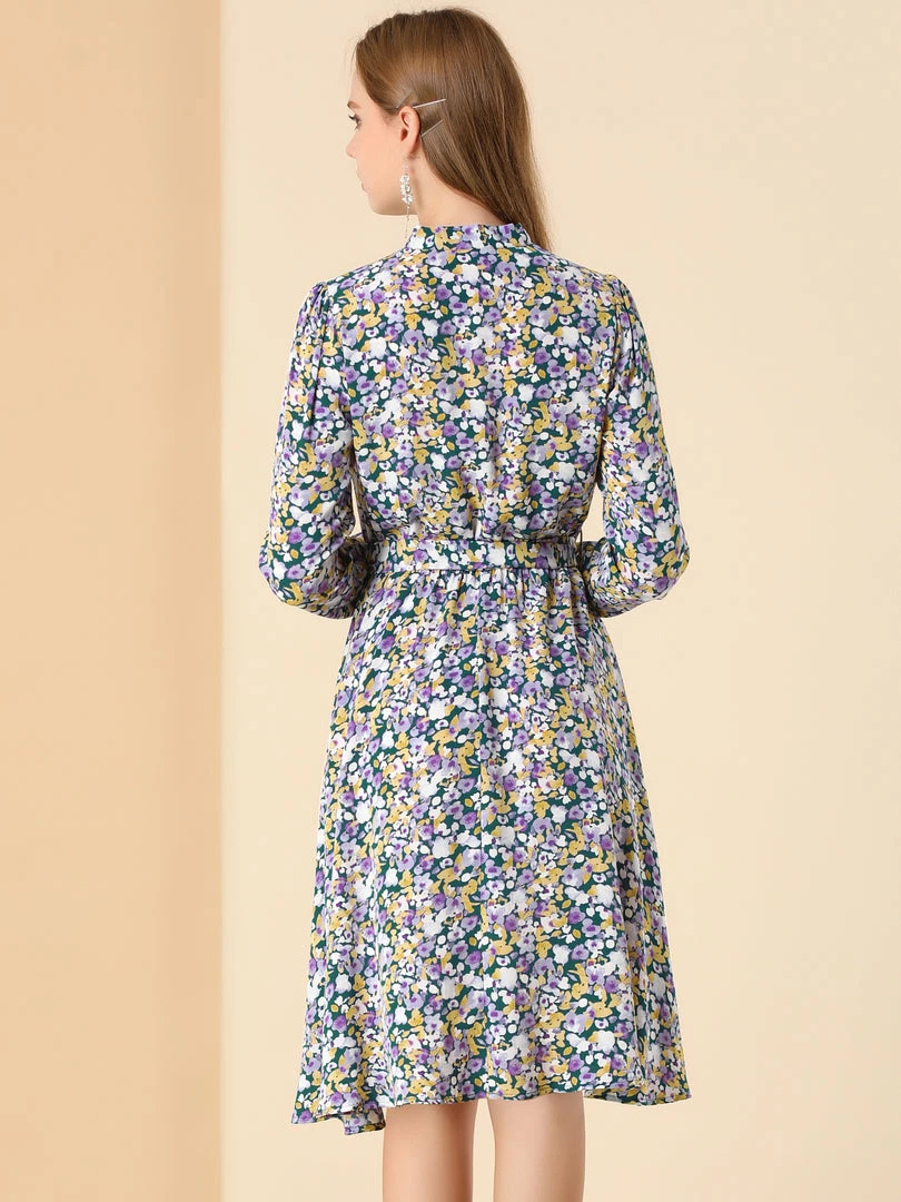 Allegra K Women's Tie Neck Chiffon Long Sleeves Vintage Floral Print Belted Dress 8 Allegra K Women's Tie Neck Chiffon Long Sleeves Vintage Floral Print Belted Dress
