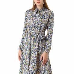 Allegra K Women's Tie Neck Chiffon Long Sleeves Vintage Floral Print Belted Dress