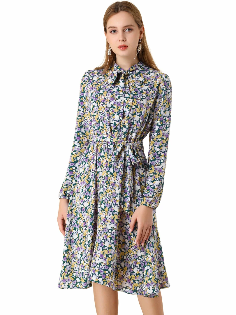 Allegra K Women's Tie Neck Chiffon Long Sleeves Vintage Floral Print Belted Dress 4 Allegra K Women's Tie Neck Chiffon Long Sleeves Vintage Floral Print Belted Dress
