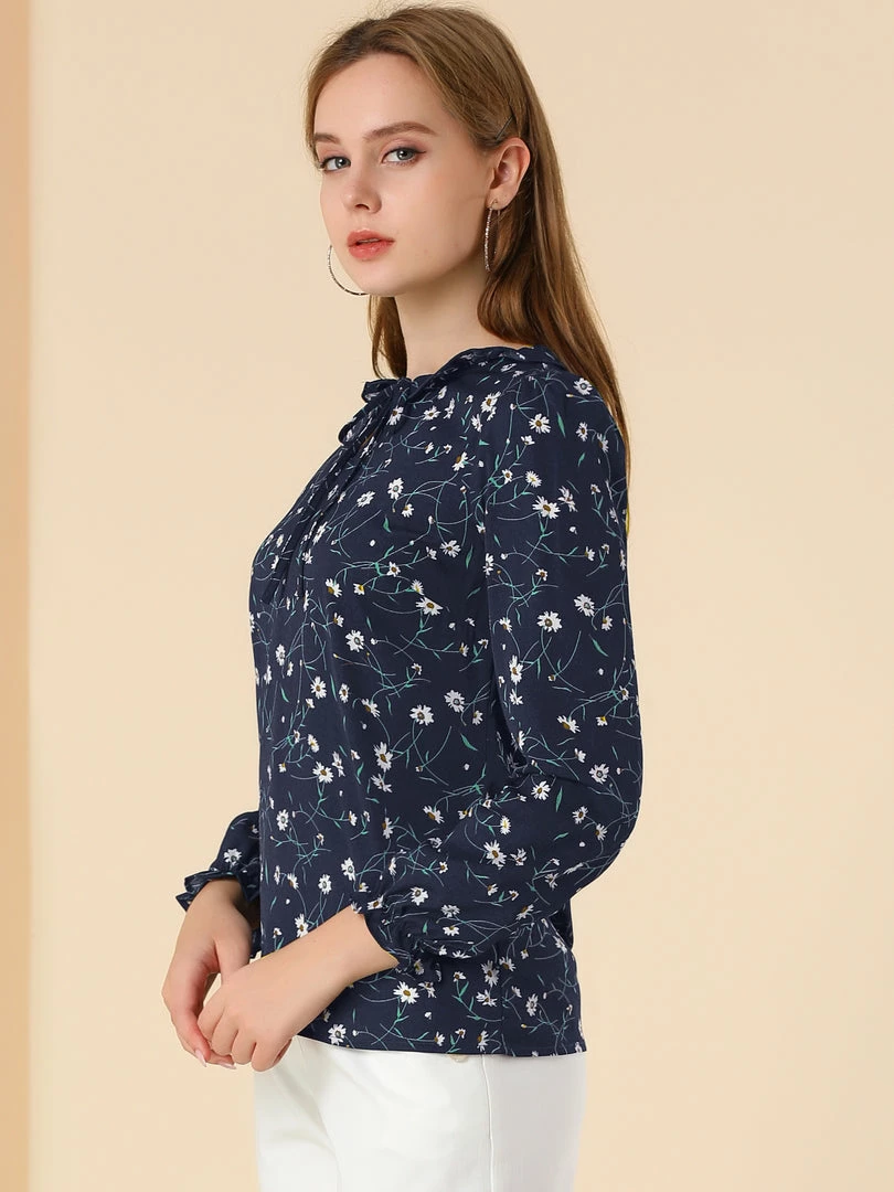 Allegra K Women's Ruffled Sleeve Blouse Frill Neck Self Tie Elegant Chiffon Floral Top 7 Allegra K Women's Ruffled Sleeve Blouse Frill Neck Self Tie Elegant Chiffon Floral Top