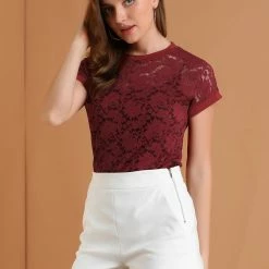 Allegra K Curved Hem Sheer Short Sleeves Floral Lace Top