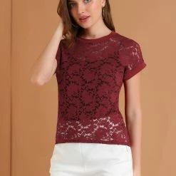 Allegra K Curved Hem Sheer Short Sleeves Floral Lace Top