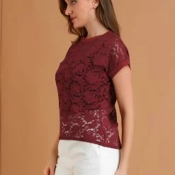 Allegra K Curved Hem Sheer Short Sleeves Floral Lace Top