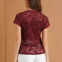 Allegra K Curved Hem Sheer Short Sleeves Floral Lace Top
