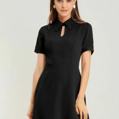 Allegra K Women's Work Office Fit And Flare Mini Turndown Collared Keyhole Dress