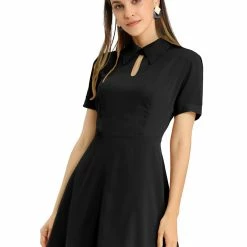 Allegra K Women's Work Office Fit And Flare Mini Turndown Collared Keyhole Dress