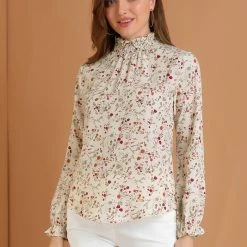 Allegra K Women's Smocked Ruffled Neck Long Sleeve Floral Vintage Blouse