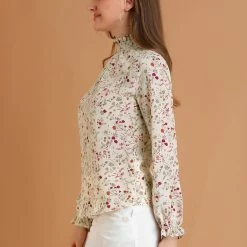 Allegra K Women's Smocked Ruffled Neck Long Sleeve Floral Vintage Blouse